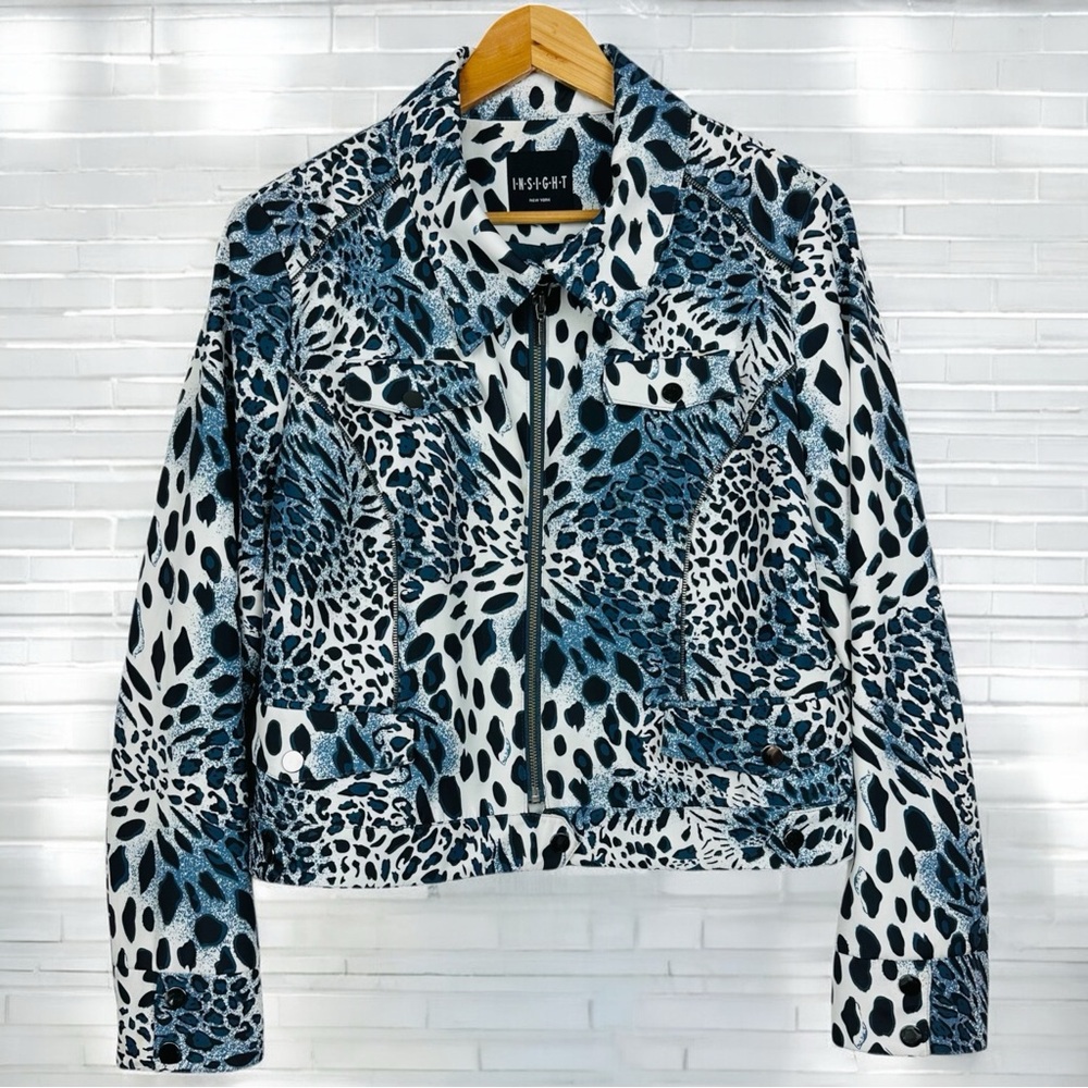 Insight NY Leopard Animal Print Zip Up Fitted Utility Lined Moto Bomber Jacket